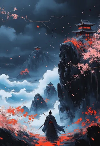 A lone samurai in traditional armor stands on a cliff edge overlooking a turbulent ocean during a thunderstorm, with Japanese castles atop distant mountains and cherry blossom petals swirling through the air.