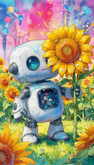 Cute white robot holding a large sunflower in a bright sunflower garden, painted in vivid watercolor style with bold saturated colors and expressive brushstrokes.