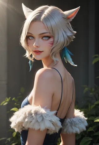 Portrait of a blonde Miqo'te woman with feather hair ornament, grey eyes, bare shoulders in a fur-trimmed dress, softly lit outdoors with mysterious gaze