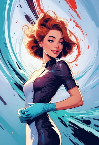 Digital illustration of a stylish nurse with red hair and medical gloves wearing a tight gown, set against a dynamic, colorful abstract background with motion blur effects.