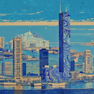 City skyline featuring skyscrapers and buildings with facades and a mountain covered in swirling historical paper marbling patterns in an arctic blue color palette.