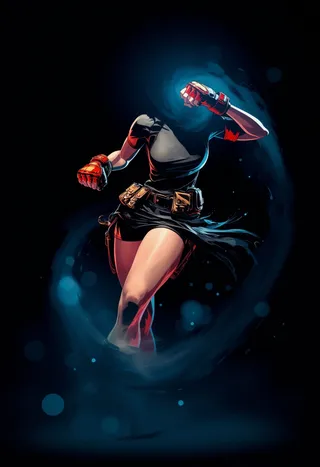 A dynamic CGI-rendered figure in western comics style, showing a muscular lower body mid-leap through swirling dark ethereal mist, wearing a torn black-and-grey skirt, utility belt, fingerless gloves, and a red armband, with painterly brush strokes and bold lineart.