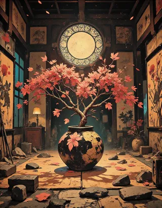 A bonsai tree with vibrant sakura petals in a traditional Japanese room with an ornate circular window and stone floor.