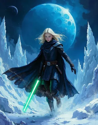 Young female Jedi Knight in black armor holding a green lightsaber, walking on an icy planet with crystalline ice formations and a large blue gas giant in the sky.