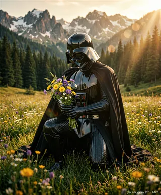 Darth Vader kneeling in a lush alpine meadow holding a colorful bouquet of wildflowers with towering mountains and pine trees in the background under warm golden sunlight.