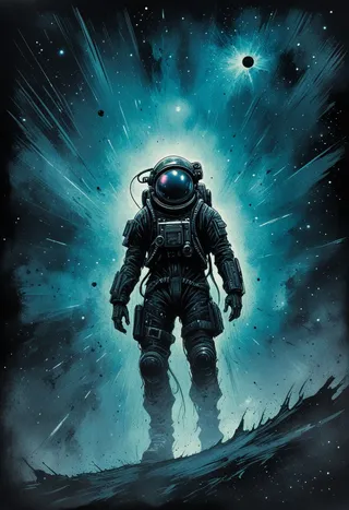 Ink illustration of a lone astronaut in dark Gothic style, set against a vivid deep space backdrop with nebulae and galaxy elements.