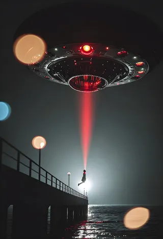 A large alien UFO with a menacing robotic eye hovering over a pier at night, projecting a red beam that lifts a silhouetted figure above the pier, surrounded by colorful bokeh light effects.