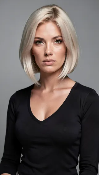 Studio portrait of a platinum blonde woman with chin length bob, green eyes, wearing a dark top, under soft studio lighting
