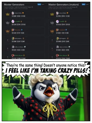 A stylized cartoon penguin character with curly blond hair and a costume adorned with red roses, raising its wings expressively with two speech bubbles at the bottom saying, 'They're the same thing! Doesn't anyone notice this?' and 'I FEEL LIKE I'M TAKING CRAZY PILLS!'