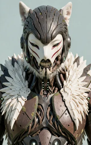 Close-up portrait of a cybernetic robotic warrior wearing bone-white biomechanical armor with wolf-pelt-like shoulder plates, a smooth white tribal mask with red slashes, and dark wood-textured helmet.