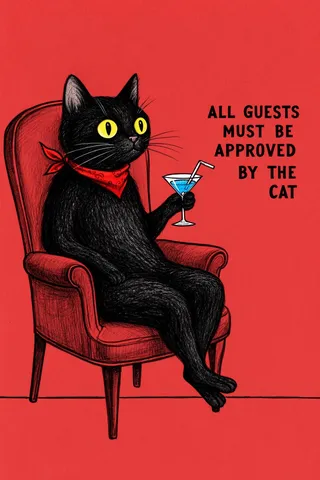 Whimsical black cat with large yellow eyes sitting in a red armchair holding a martini glass with blue liquid and a straw, wearing a red bandana, with text reading 'ALL GUESTS MUST BE APPROVED BY THE CAT' on red background.