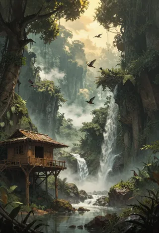 Photorealistic view of a wooden eco-lodge on stilts in a lush, misty Borneo rainforest canopy at dawn, with exotic birds flying around and a hidden waterfall in the background.
