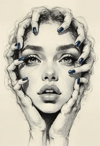 Hyper-realistic portrait of a face compressed inward by multiple overlapping hands with blue nail polish, detailed eyes and lips, created using colored pen strokes and crosshatching on a neutral background.
