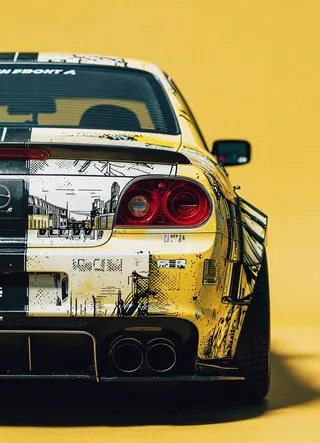 Close-up of the rear of a modified yellow car featuring dual concept art with black cityscape graphics, red taillights, and exhaust pipes against a yellow background.