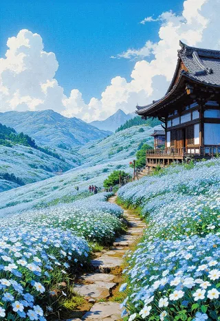 Rolling hills covered with pale blue nemophila flowers at Miharashi Hill, Japan, with a traditional Japanese house featuring curved tiled roofs and a stone path winding through the flowers under a bright blue sky with white clouds.