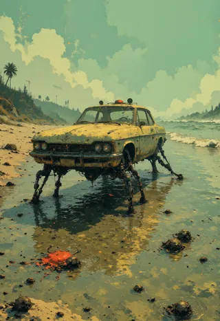 A surreal scene of a 1960s yellow sedan with crab-like biomechanical legs standing on a deserted beach, under a muted gray-blue sky.