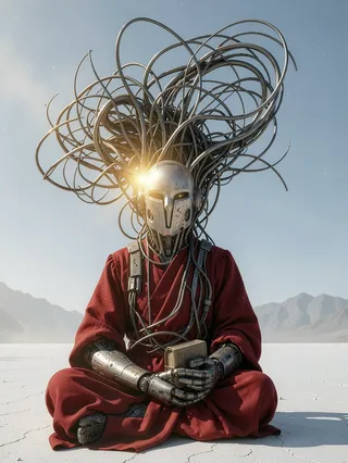 A futuristic figure wearing red monastic robes and a metallic helmet sits cross-legged in meditation on a cracked desert ground, surrounded by an intricate tangle of robotic metallic wires extending upwards against a clear sky and distant mountains.