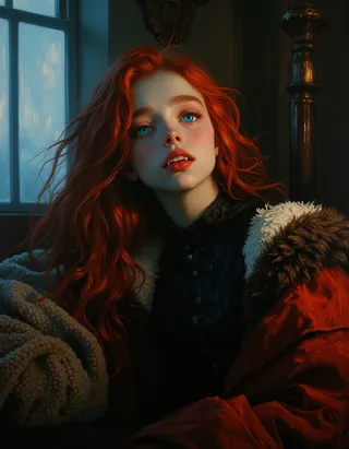 Close-up portrait of a pale vampire girl with flowing red hair and glowing blue eyes, wrapped in warm cozy blankets, set in a dimly lit room with a gothic ambiance.