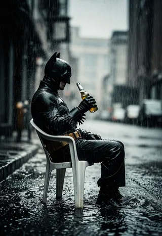 Batman in his black suit sits on a white plastic chair submerged in ankle-deep floodwater, holding a beer bottle under heavy rain in an urban street.