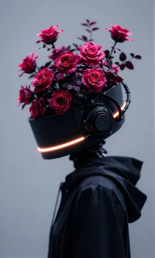 Side profile of a figure wearing a matte black futuristic helmet with neon amber-orange LED strip, erupting pink roses and dark cables
