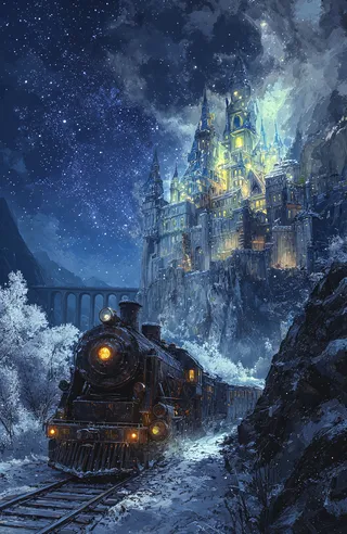 A dark steam locomotive with amber lights travels through a snowy, mountainous landscape with a glowing fantasy castle on a cliff under a starry night sky.