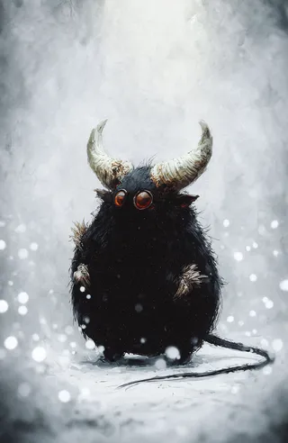 A large, rotund black creature with coarse, matted fur and two large bone-like horns stands alone in a snowy, foggy background. Its glowing reddish-amber eyes shine with silent intensity as snow or light bokeh surrounds it.