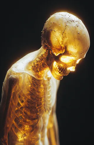 A translucent human figure leaning forward, its skeletal structure and muscles glowing with molten gold against a black background, illuminated from within.