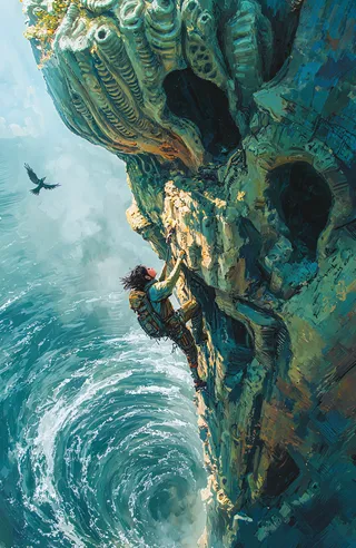 A lone adventurer with a backpack climbs a massive, biologically textured cliff towering over a swirling ocean whirlpool, rendered in a vibrant fantastical painterly style.