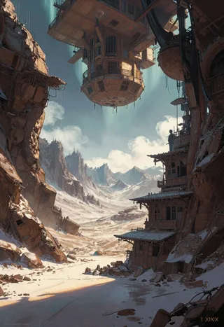 Realistic floating house suspended above a snowy mountainous valley with intricate wooden architecture and dramatic directional lighting.