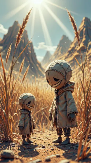 Two tiny ragged humanoid dolls with stitched burlap masks standing in a vast sunlit field of towering golden grasses, with rays of sunlight and distant mountains.