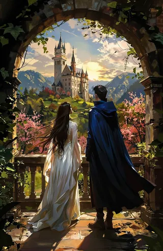 A lush stone archway covered with green ivy frames a man in a navy blue cloak and a woman in a flowing white gown gazing at a majestic castle on a distant hill against a sunset sky and blooming cherry blossoms.