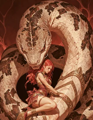 A red-haired girl in ornate red and gold attire cuddles a colossal protective snake with detailed scales, set against a red-themed background.