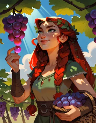 A red-haired girl with multiple braids and freckles is picking grapes from a grapevine under sunlight, holding a basket full of grapes.