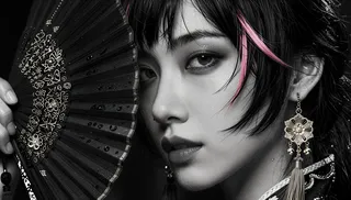 High-contrast black-and-white close-up portrait of a young woman with dark choppy hair and pink highlights, holding a black fan with gold details and wearing ornate gold floral earrings and a tassel.
