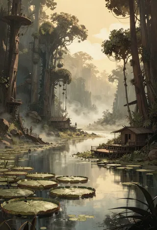Photorealistic depiction of a dense Amazon river bend at sunrise featuring wooden floating lodges surrounded by giant lily pads and towering trees with golden mist.
