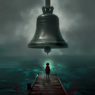 A large, ancient bell hangs over dark greenish-blue water, with a small child in a red coat standing on a weathered wooden dock holding the bell’s rope in a moody, misty atmosphere.