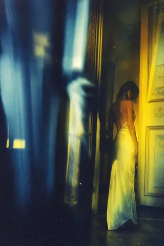 Backlit silhouette of an elegant woman wearing a long silk dress standing near a vintage door, illuminated by golden light with mysterious shadows.