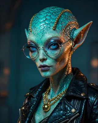 Close-up of an alien humanoid female with iridescent turquoise-scaled skin, wearing round wire-rimmed glasses, a black leather motorcycle jacket, and gold chains, highlighted by dramatic cinematic lighting.