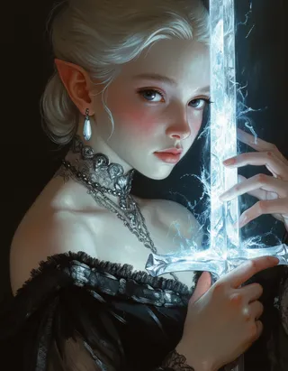 Portrait of a teen elf girl with platinum white hair and silver-blue eyes holding a glowing glass sword, wearing a black lace corset dress, painted in dark fantasy style.
