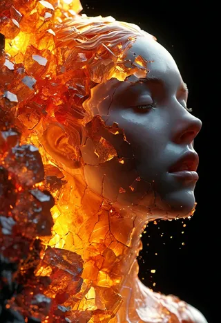 3D render of a pale woman's head with eyes and mouth closed, being consumed by a honeycomb-like red fluorite and cobalt crystal material with cracked skin and bright reflections on a black background.