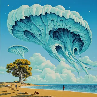 Surrealistic aquamarine cloud formations resembling curved organic shapes dominate a beach scene with an oak tree and elongated figures under an azure sky with shelf clouds.