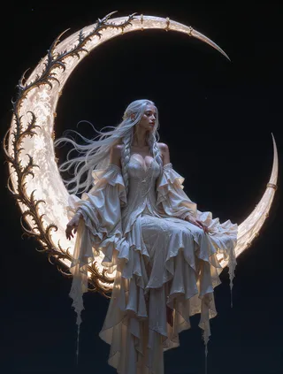 A serene moon goddess with flowing silver hair wearing a detailed white gown, seated on an ornate crescent moon glowing softly in a starry night sky.
