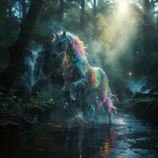 A transparent ghostly unicorn with a vibrant rainbow mane rearing up in a dark forest with magical volumetric lighting and shimmering mist.