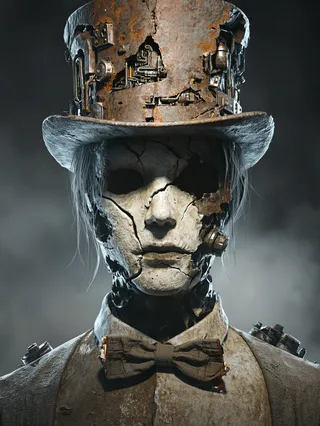 A surreal dystopian figure with a cracked, weathered porcelain face and deep black eye sockets, wearing a rusted mechanical top hat and a tattered bowtie, set against a smoky industrial background.