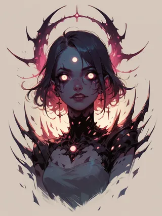 A dark fantasy portrait of a glowing-eyed girl wearing spiky, shadowy armor with glowing red accents and a glowing halo behind her head.