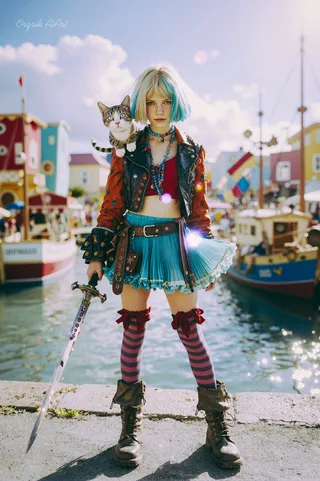 Photorealistic image of a playful pirate girl with a blonde bob haircut with turquoise tips, wearing a red crop top, turquoise skirt, striped stockings, and holding a curved saber. A talking cat sits on her shoulder at a vibrant seaside port.