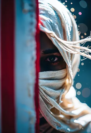 Close-up of a dark-skinned mysterious face partially obscured by tattered runic cloth, highlighting an immaculate detailed eye, with colorful neon bokeh light effects in the background.