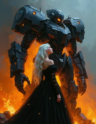 A futuristic princess with platinum blonde hair and a flowing black royal gown stands in awe before a towering armored mech illuminated by the fiery background.