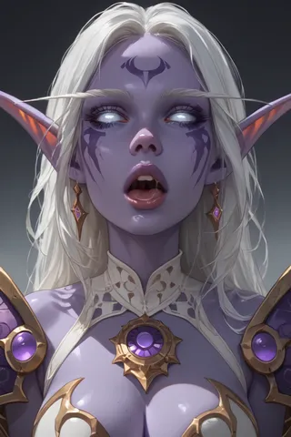Portrait of a female night elf with purple skin, white hair, white pupil-less eyes, intricate golden and purple armor, and facial markings.