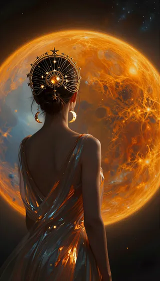 A woman in a luminous gown faces a large celestial body, wearing an intricate golden headpiece with star motifs and crescent earrings, bathed in warm light.